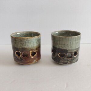 Vintage Set Of 2 Somayaki Double-Wall Soma Ware Heart Crackle Tea Cups
